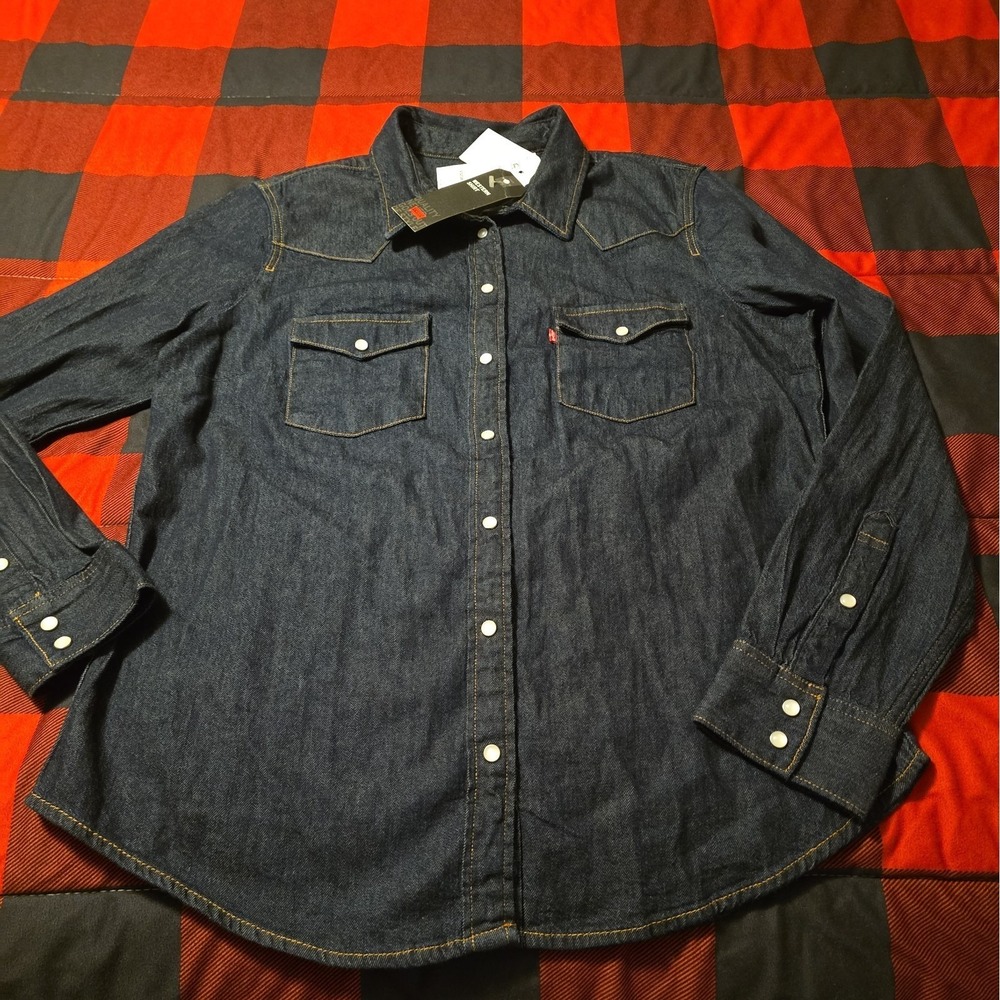 Levis Western Pearl Snap Denim Shirt Large Women's Dark Wash Rodeo Cowgirl
